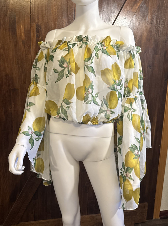 Ashley Stewart Tops - Ashley Stewart Sheer Lemon Print Off Shoulder Blouse Top 14/16 Plus Flowy Sleeve